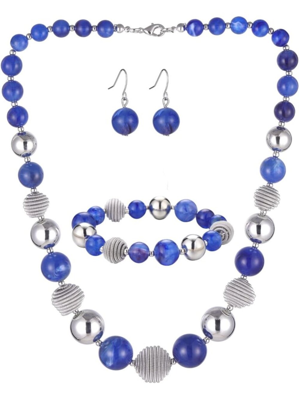 Chunky Beaded Statement Necklace, Earring & Bracelet Set - Silver Fashion